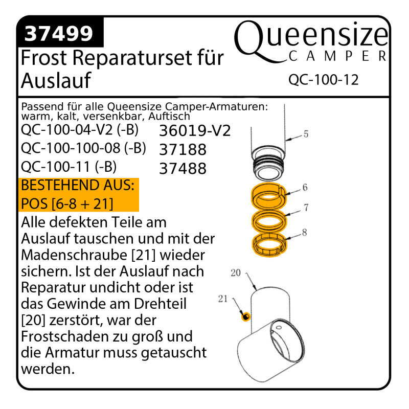 Queensize Camper Repaturset für Faltarmaturen, Frostschaden