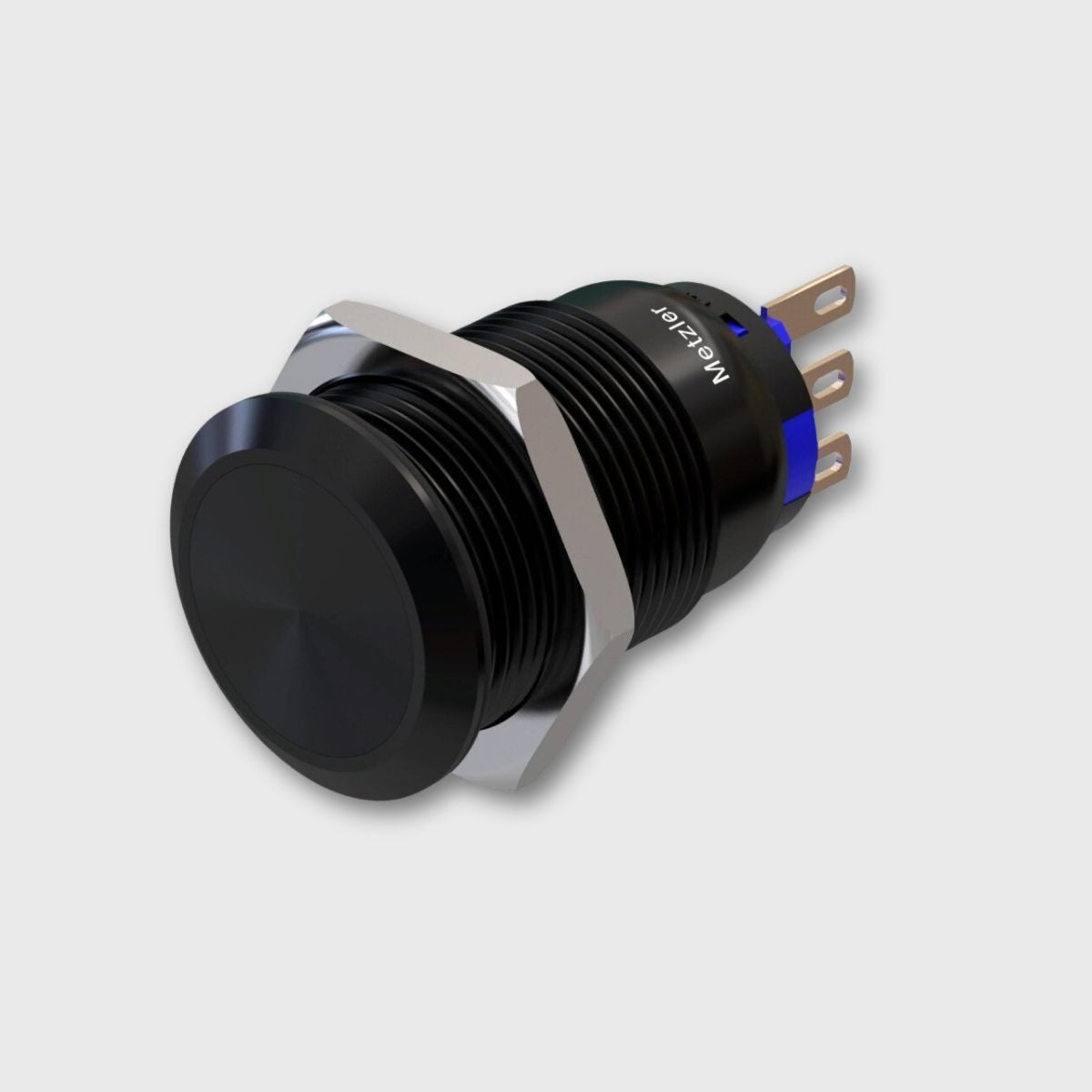 Drucktaster Aluminium schwarz (IP67 IK10), rund 19mm, flach, Lötkontakte