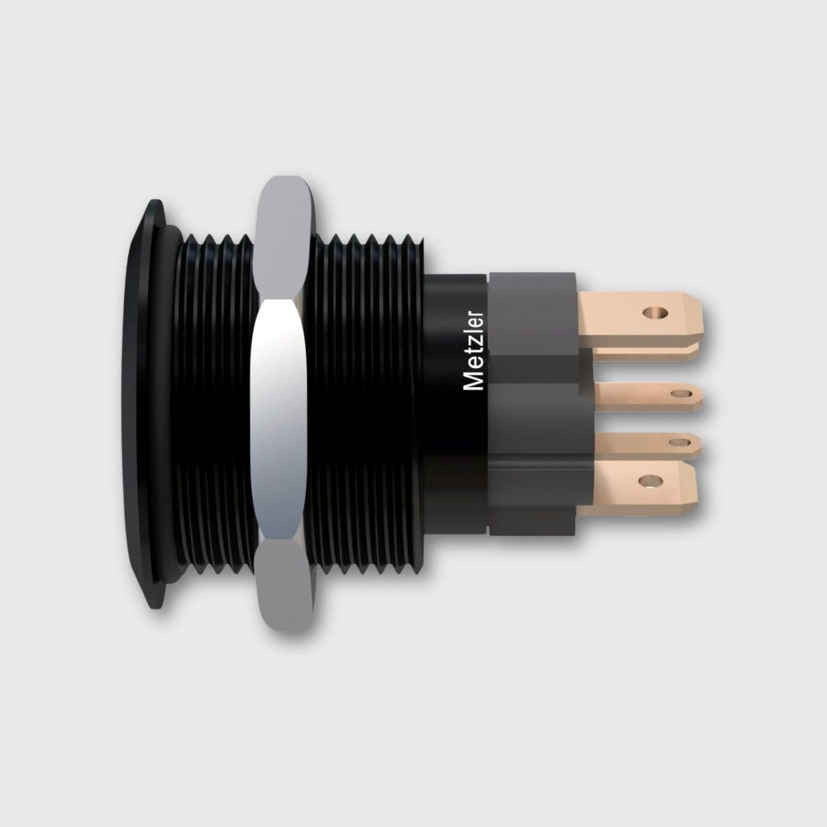 Druckschalter Aluminium schwarz (IP67 IK10), rund 19mm, flach, LED RGB, Lötkontakte