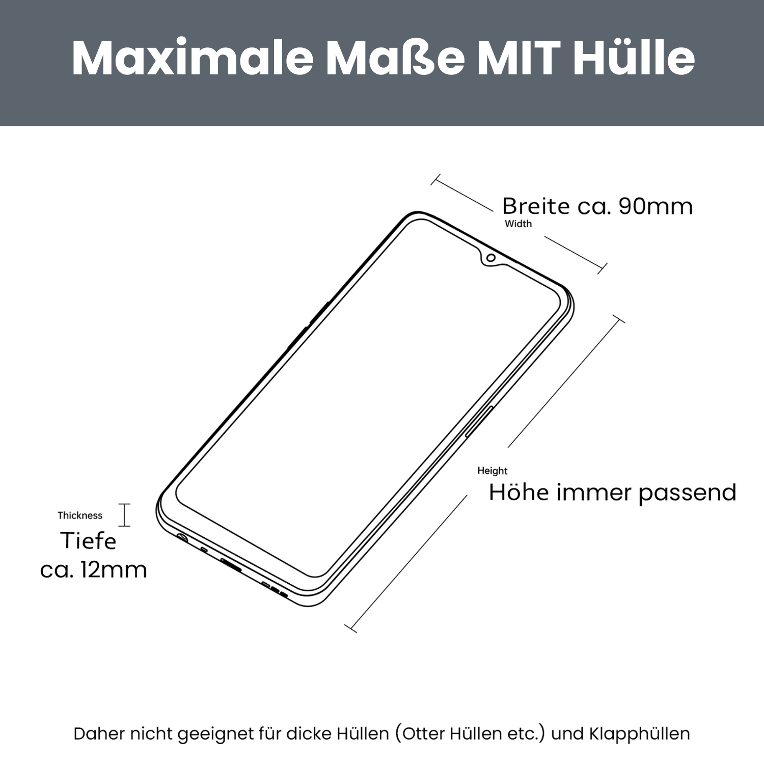 Skizze eines Smartphones mit Hülle, zeigt maximale Maße für die beev.holder VW T5 Handyhalterung: Breite 90mm, Tiefe 12mm.
