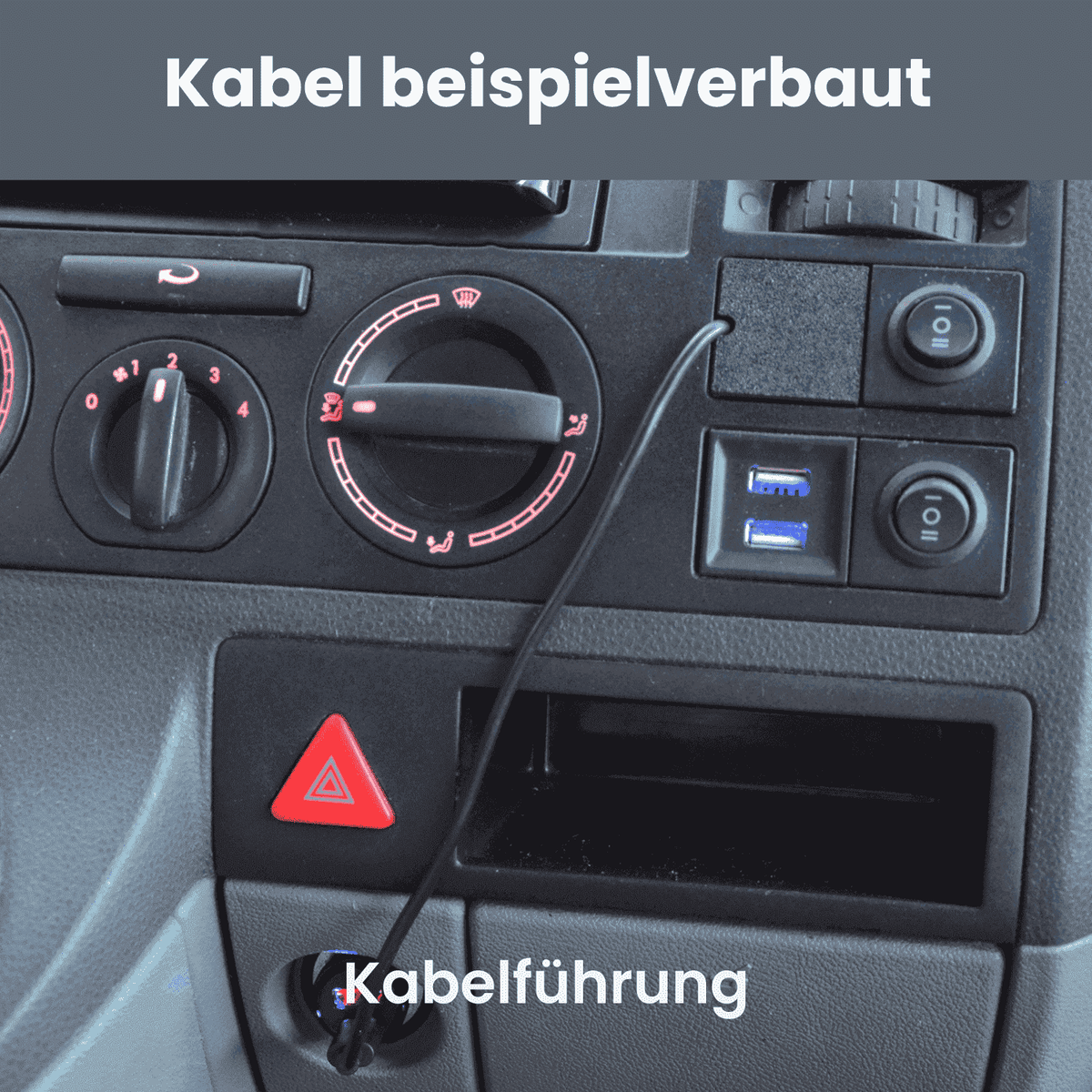 VW T5 Armaturenbrett mit beev.holder Handyhalterung und integriertem Kabelmanagement, sichtbare Steuerknöpfe, USB-Ports.