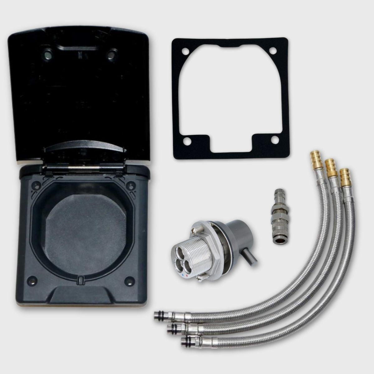 Queensize Camper Außendusche Set Warmwasser inkl. Einbaudose schwarz Dark Edition