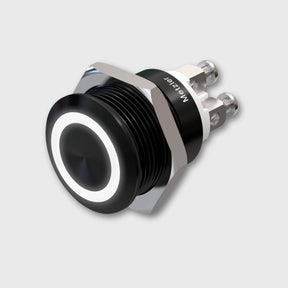 Drucktaster Aluminium schwarz (IP67 IK10), rund 19mm, flach, Schraubkontakte