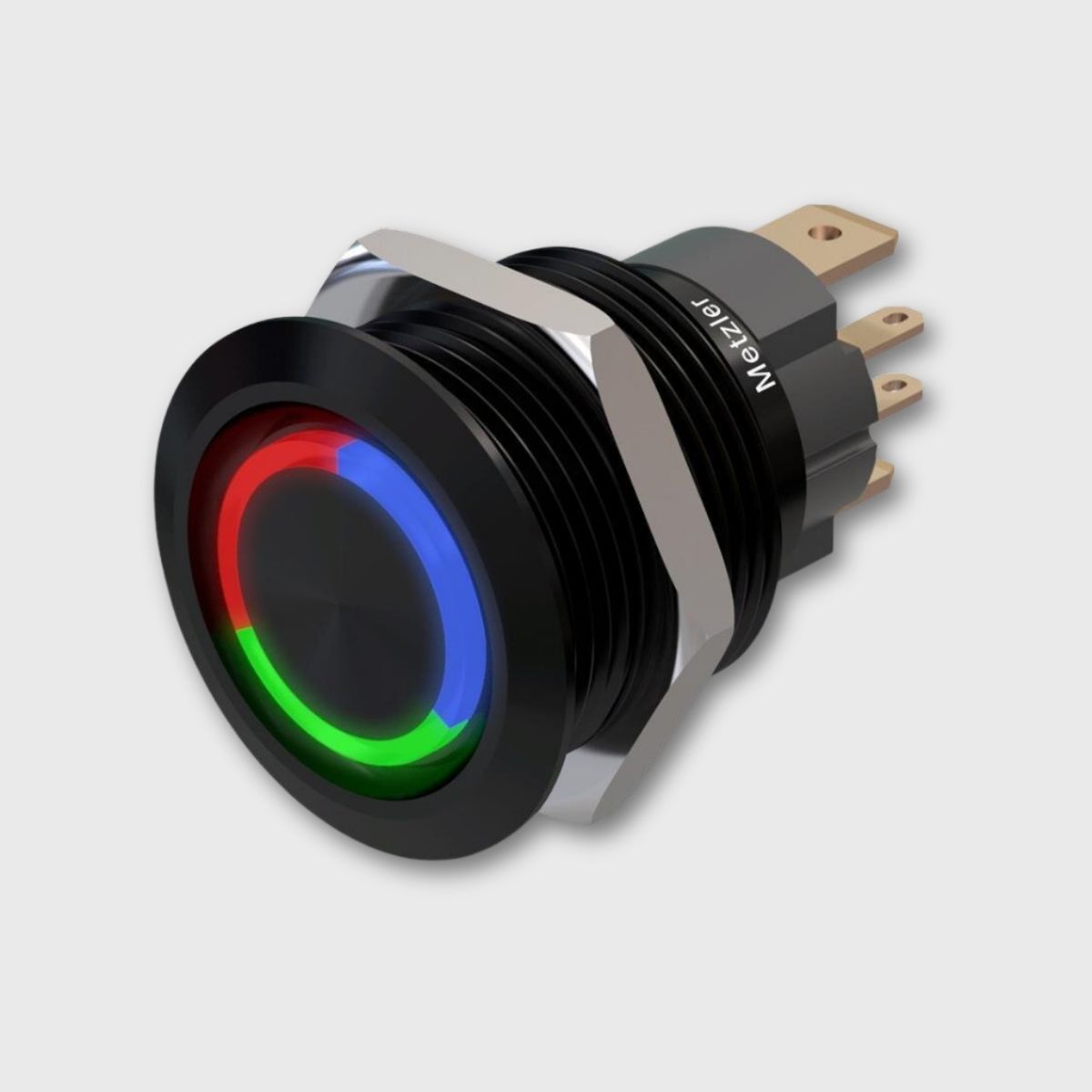 Druckschalter Aluminium schwarz (IP67 IK10), rund 19mm, flach, LED RGB, Lötkontakte