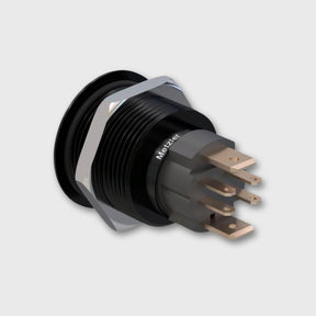 Druckschalter Aluminium schwarz (IP67 IK10), rund 19mm, flach, LED RGB, Lötkontakte