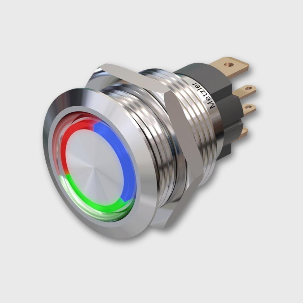 Druckschalter Edelstahl (IP67 IK10), rund 19mm, flach, LED RGB, Lötkontakte