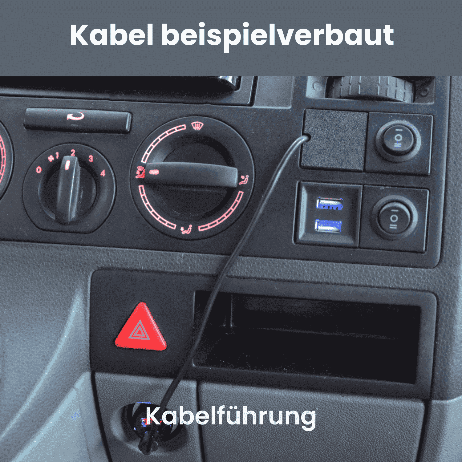 VW T5 Armaturenbrett mit beev.holder Handyhalterung und integriertem Kabelmanagement, sichtbare Steuerknöpfe, USB-Ports.