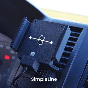 VW T5 Handyhalterung am Lüftungsschlitz im Auto, solides schwarzes Design mit Ladekabelanschluss und Justierschrauben.