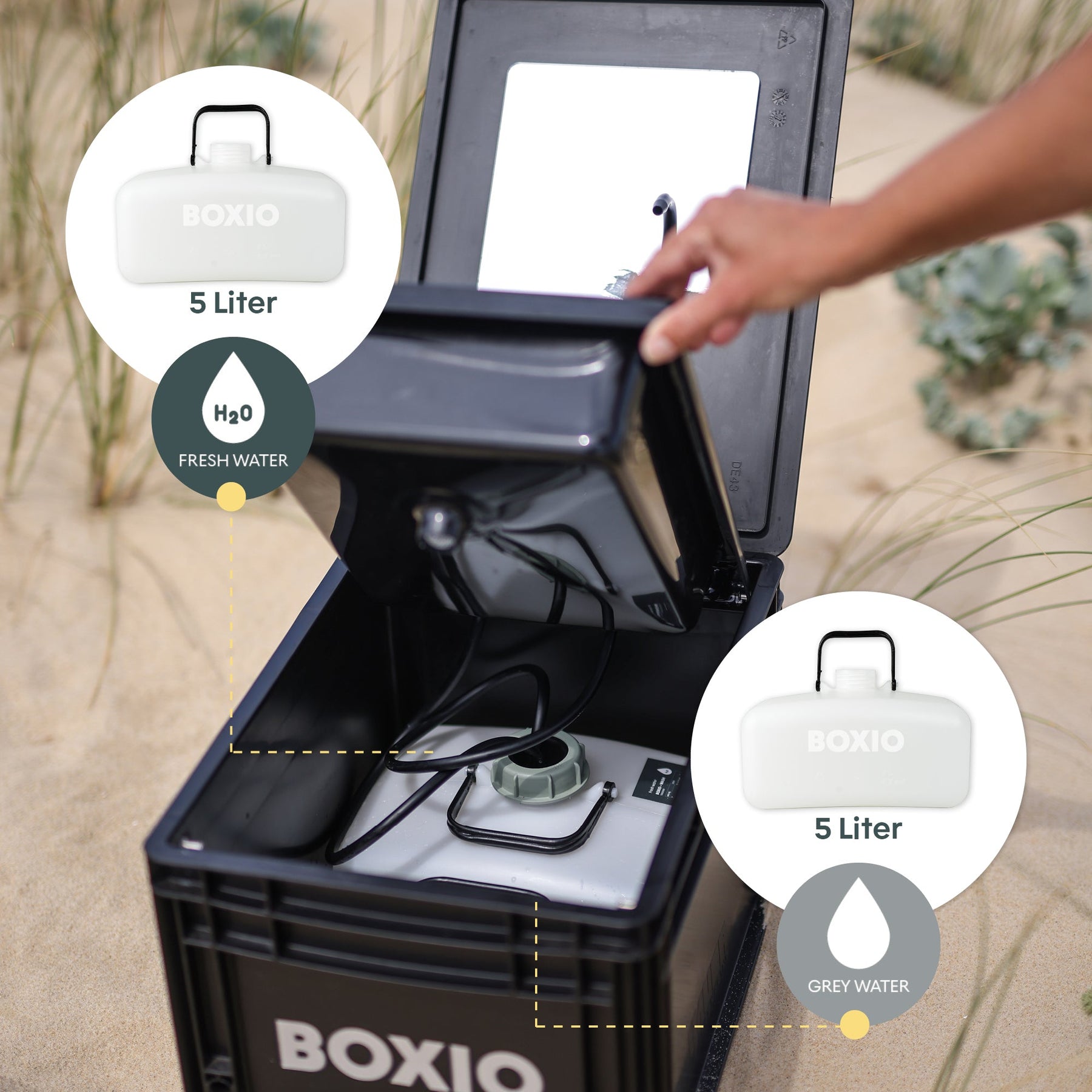 BOXIO WASH PLUS mobiles Waschbecken mit Campingdusche in schwarzer Box mit Wasserbehältern und Handpumpe am Strand entfaltet