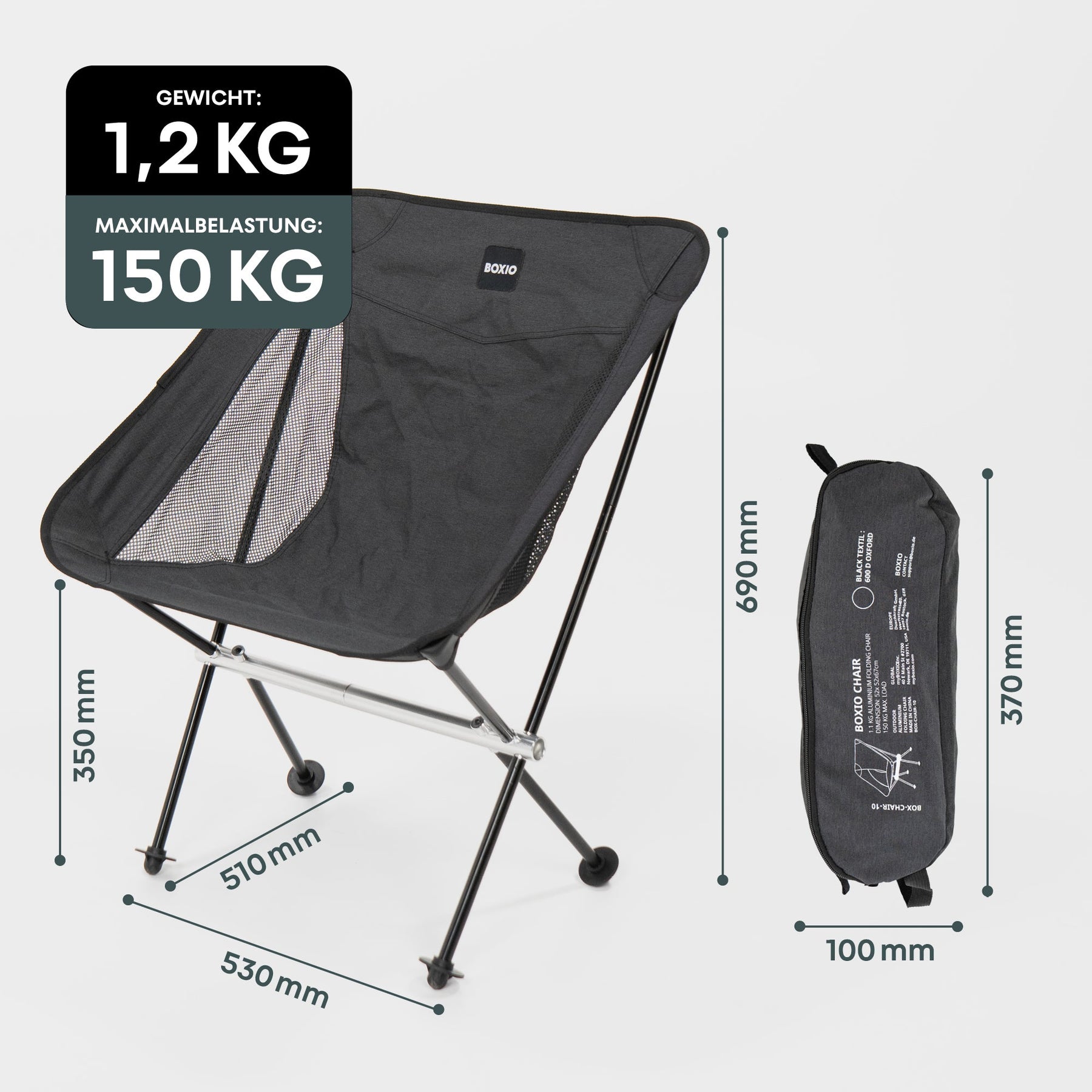 campingstuhl 100 kg BOXIO CHAIR I ultraleichter Campingstuhl