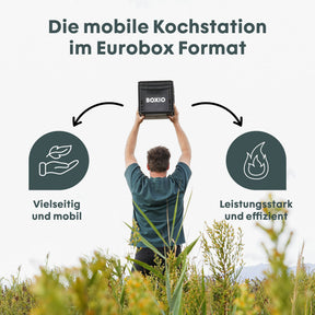 Mann hebt BOXIO COOK Gaskocher über Kopf im Feld; Text: mobile Kochstation im Eurobox-Format, vielseitig und leistungsstark