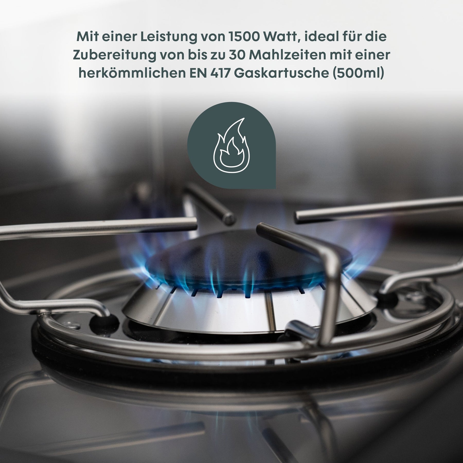 BOXIO COOK Camping Gaskocher mit blauem Gasflammenring und Edelstahlrost, 1500 Watt für bis zu 30 Mahlzeiten