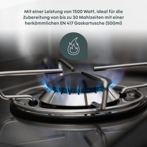 BOXIO COOK Camping Gaskocher mit blauem Gasflammenring und Edelstahlrost, 1500 Watt für bis zu 30 Mahlzeiten