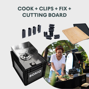 BOXIO Kitchen Bundle Outdoor Küche mit Kochmodul, Clips, Fix-Haltern, Schneidebrett und mobiler Outdoor-Kochstation