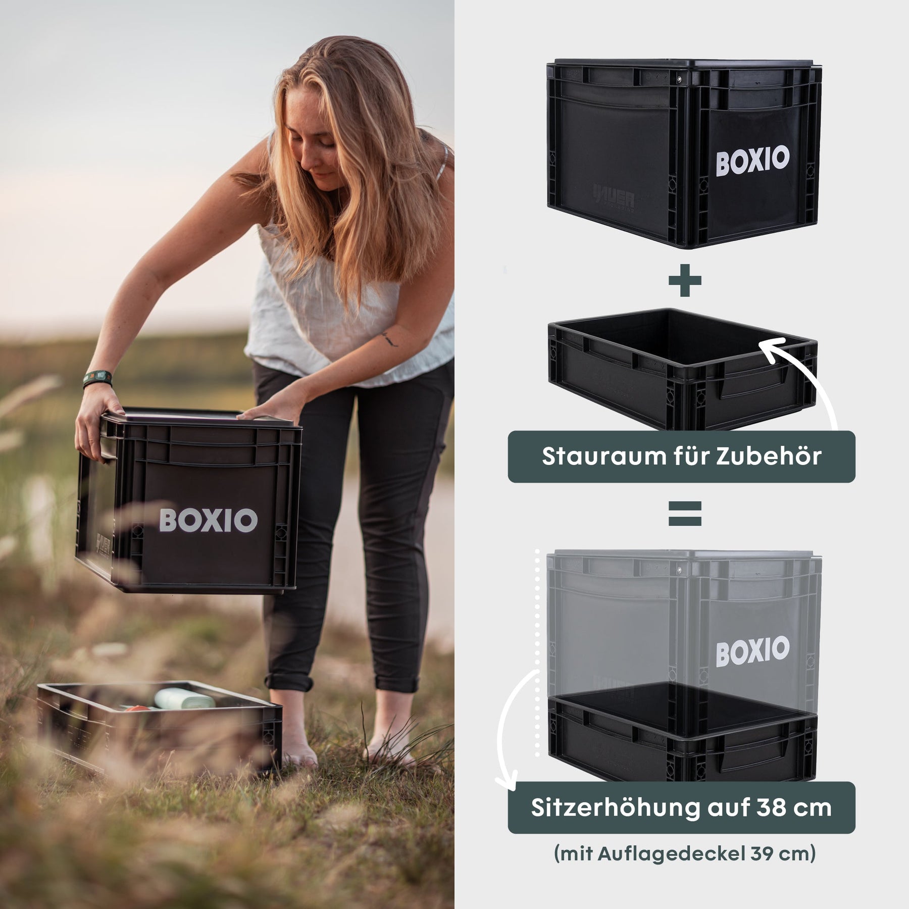 BOXIO SANITARY mobiles Badezimmer mit Frau beim Einsetzen schwarzer Box und Infografik zu Stauraum und Sitzerhöhung