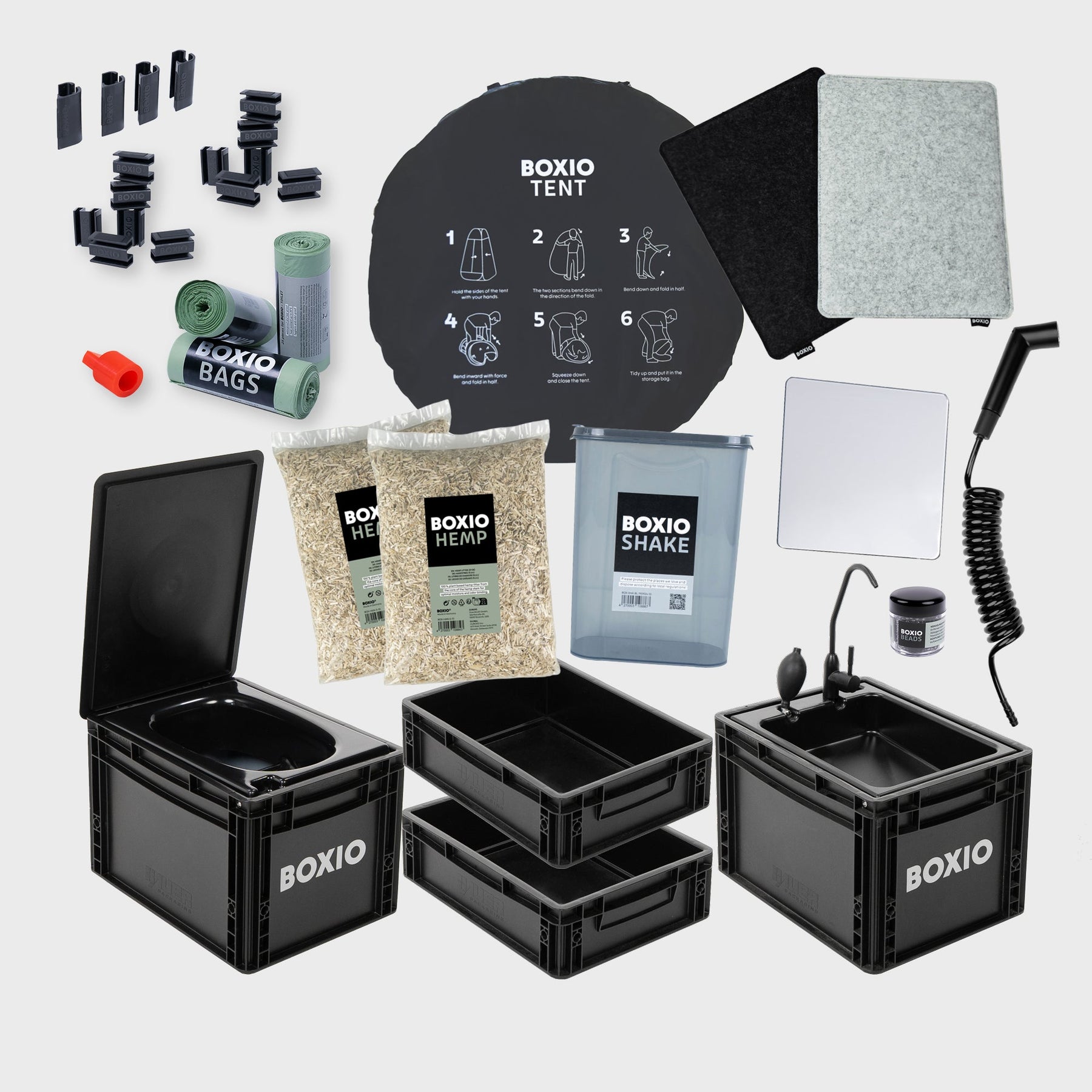 BOXIO SANITARY PLUS: mobile Toiletteboxen, TENT-Zelt, Sitzdeckel, Matten, Beutel, HEMP, SHAKE, BEADS und Zubehörset