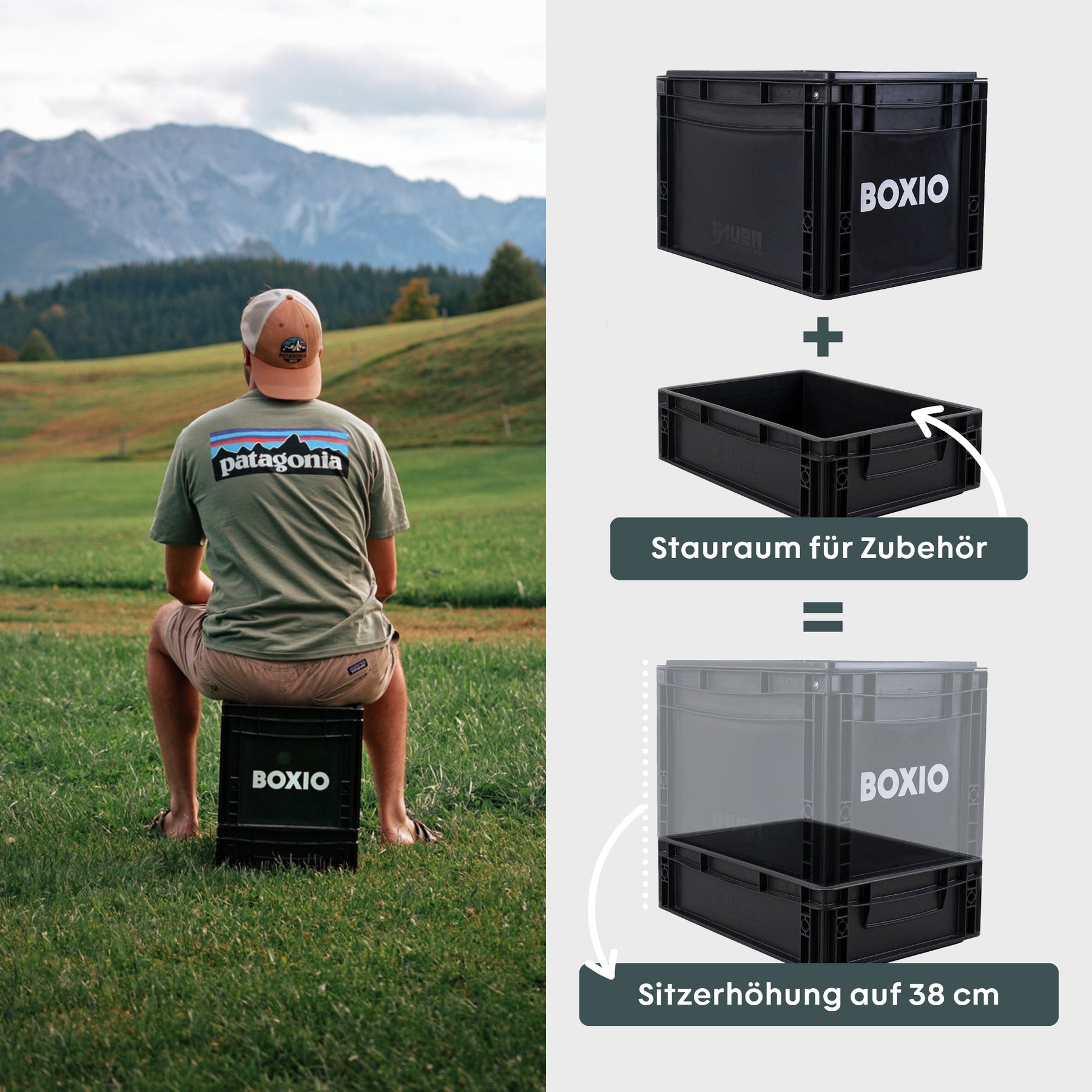 BOXIO SOLO UP Eurobox Sitzerhöhung mit zusätzlichem Stauraum für Zubehör und 38 cm Sitzhöhe im Outdoor-Einsatz