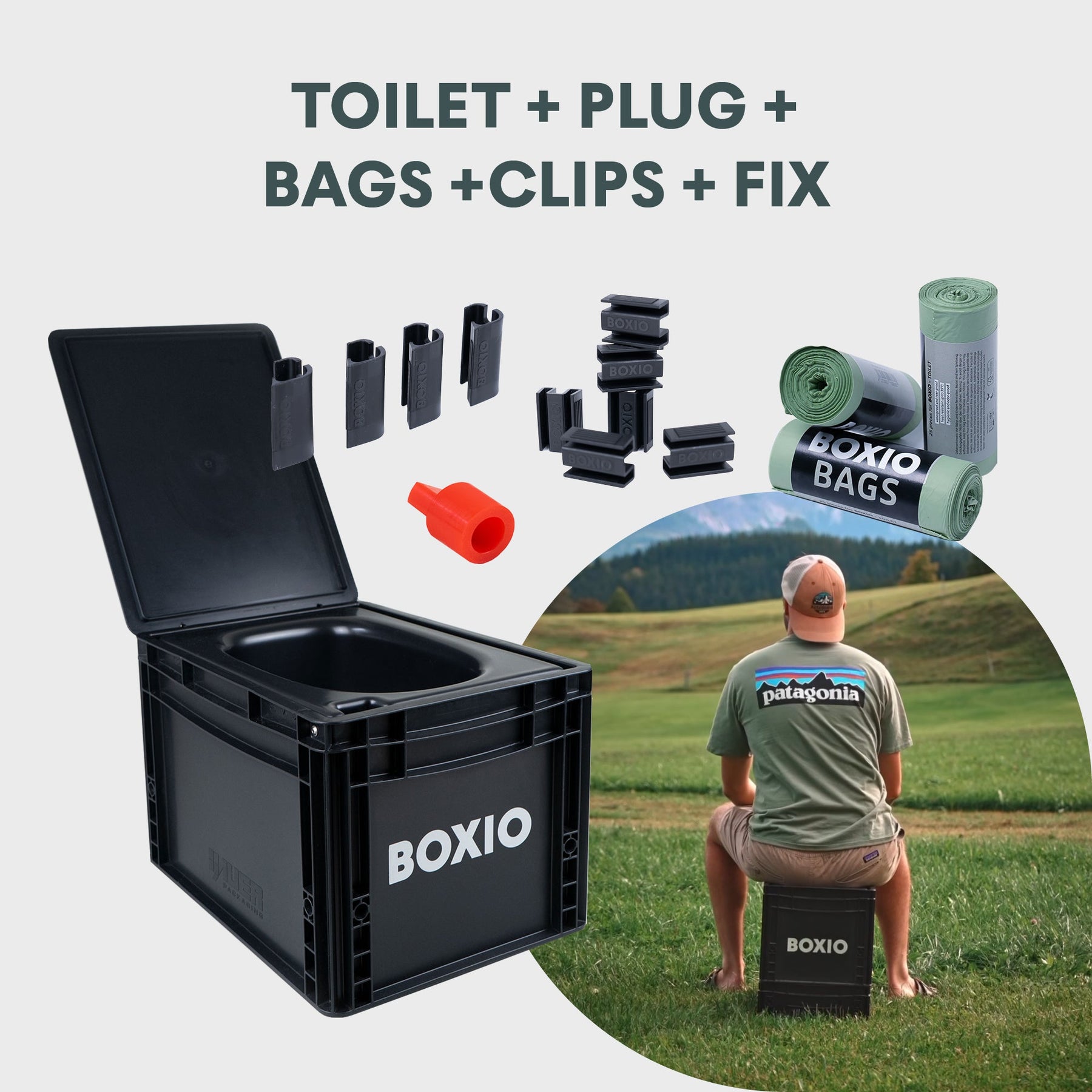 BOXIO SANITARY mobiles Badezimmer mit Toilette, Plug, Bags, Clips und Fix-Teilen, schwarz, kompakt für Camping unterwegs