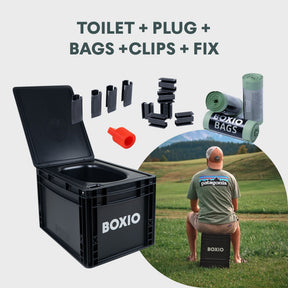 BOXIO SANITARY mobiles Badezimmer mit Toilette, Plug, Bags, Clips und Fix-Teilen, schwarz, kompakt für Camping unterwegs