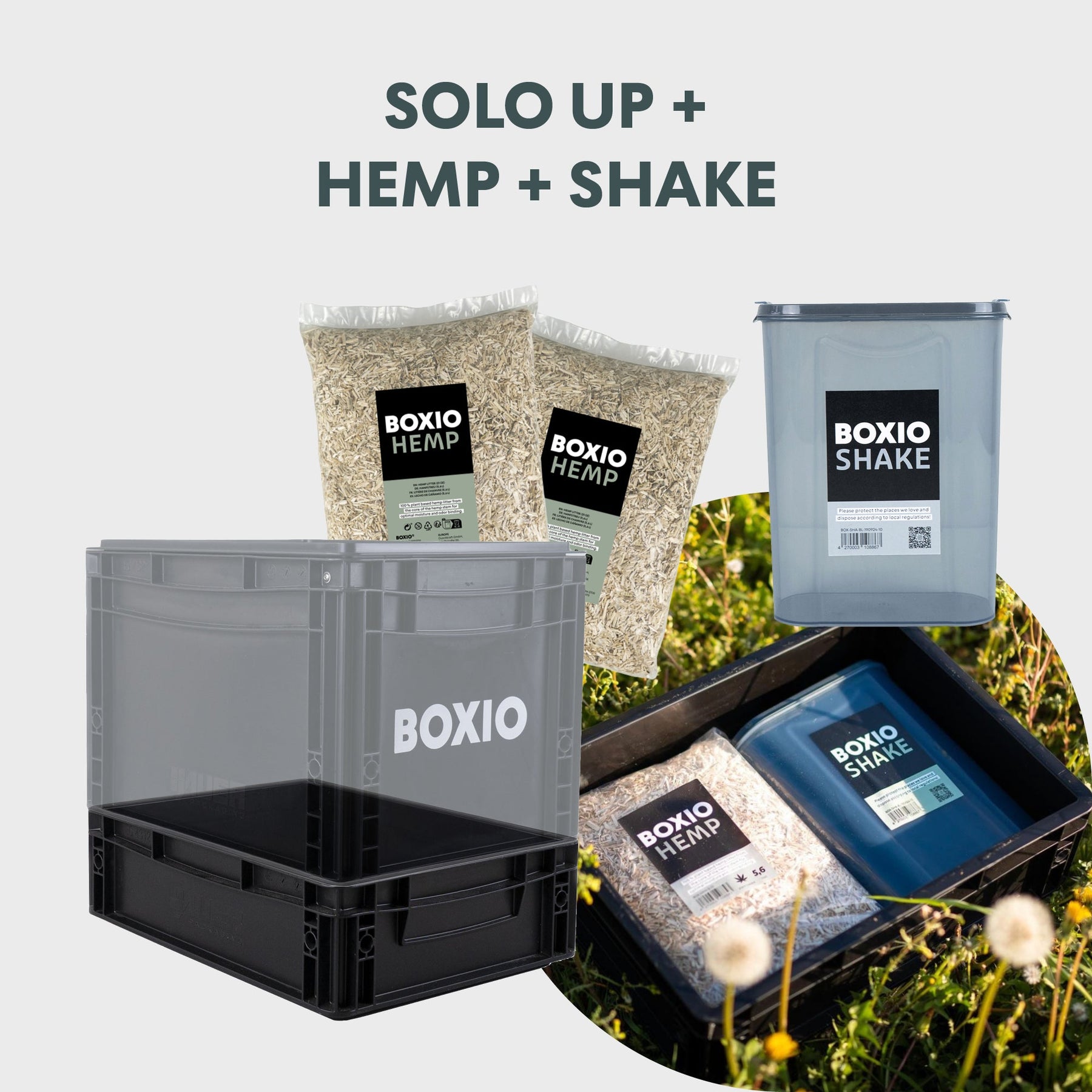 BOXIO SANITARY: mobiles Badezimmer mit Behälter, zwei Hemp-Säcken und Shake-Box im Set für Komposttoilette unterwegs