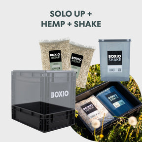 BOXIO SANITARY: mobiles Badezimmer mit Behälter, zwei Hemp-Säcken und Shake-Box im Set für Komposttoilette unterwegs