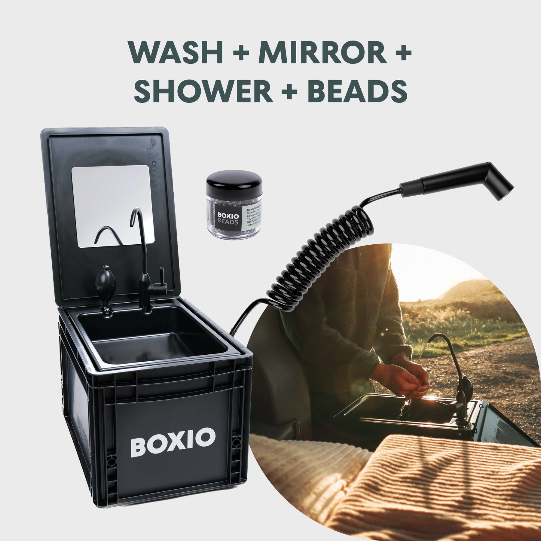 BOXIO SANITARY mobiles Badezimmer mit Waschbecken, Spiegel, Duschschlauch und BOXIO BEADS für autarke Nutzung