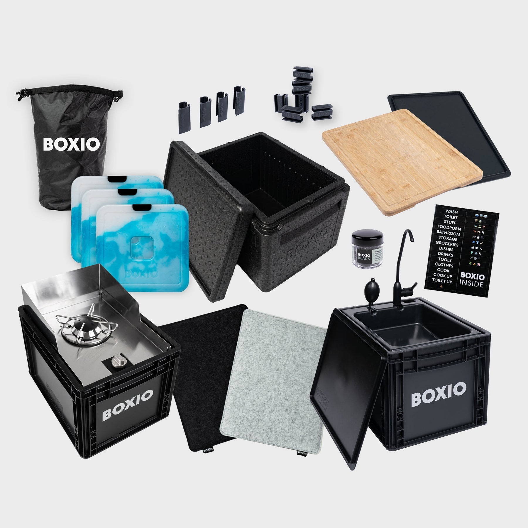 BOXIO Kitchen Bundle mit Kiste, Spüle, Gaskocher, Schneidebrett, Deckeln, Beuteln, Matten und Zubehör für Outdoor-Küche