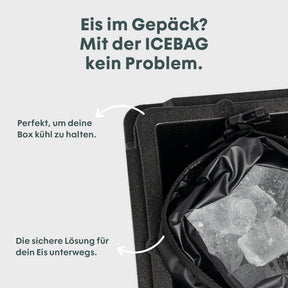 BOXIO ICEBAG mit Eiswürfeln in einer schwarzen Drybag in einer Kühlbox, mit Hinweistext zu sicherem Eistransport unterwegs