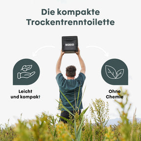 BOXIO Trenntoilette im Euroboxformat über Kopf gehalten in grüner Natur, mit Hinweisen leicht und kompakt sowie ohne Chemie