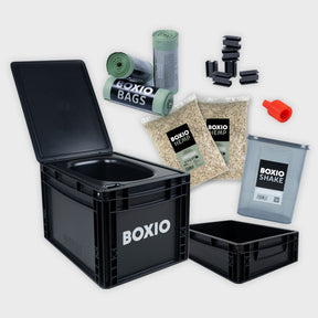 BOXIO TOILET MAX+ Trenntoilette Komplettset mit schwarzem Toilettengehäuse, Deckel, Beuteln, Streu und Zubehörteilen